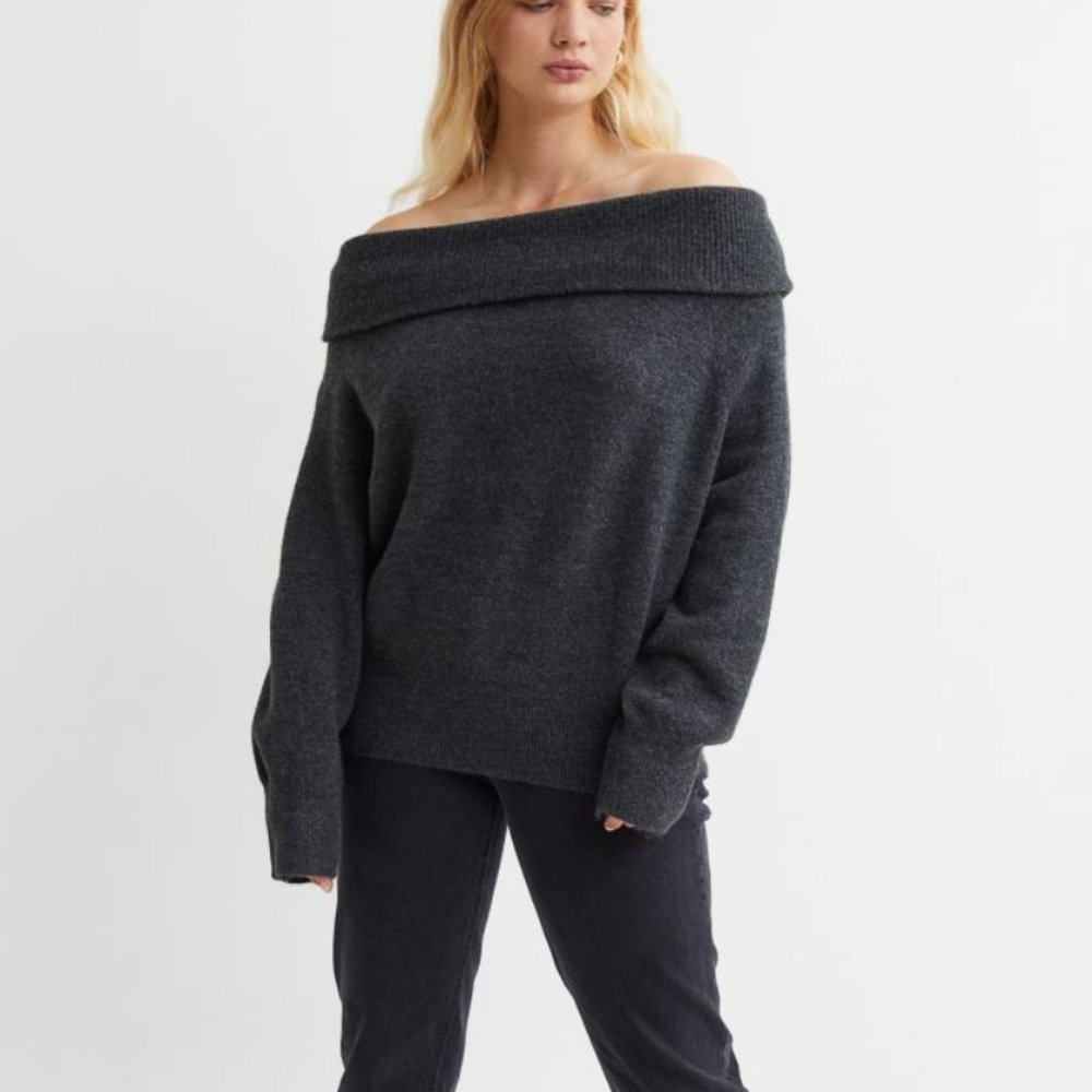 Soft Dark Grey Off the Shoulder Sweater